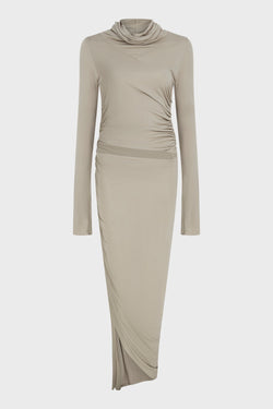 DRAPED JERSEY ASYMMETRIC MIDI DRESS