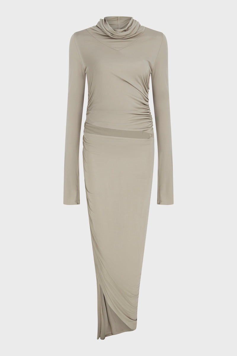DRAPED JERSEY ASYMMETRIC MIDI DRESS
