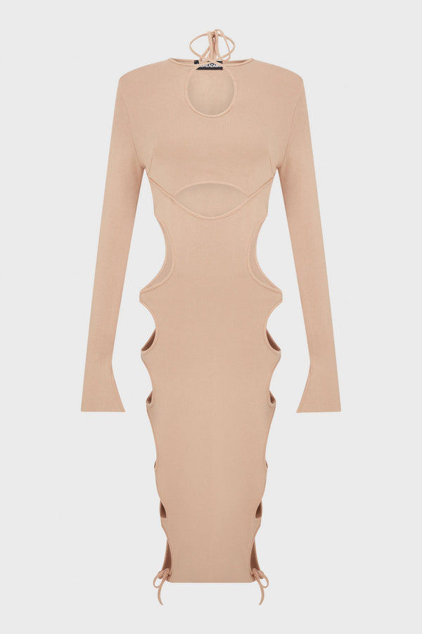 STRETCH KNIT CUT-OUT MIDI DRESS NUDE