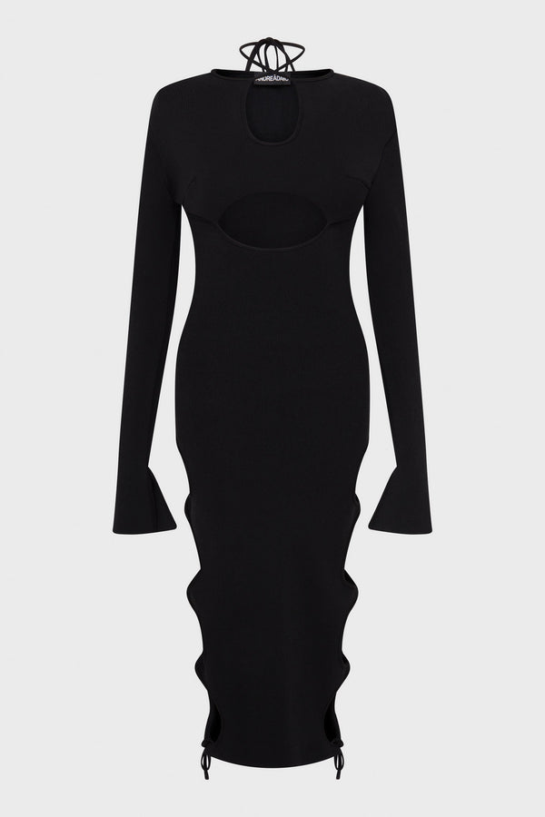 STRETCH KNIT MIDI DRESS WITH CUT-OUT SKI BLACK