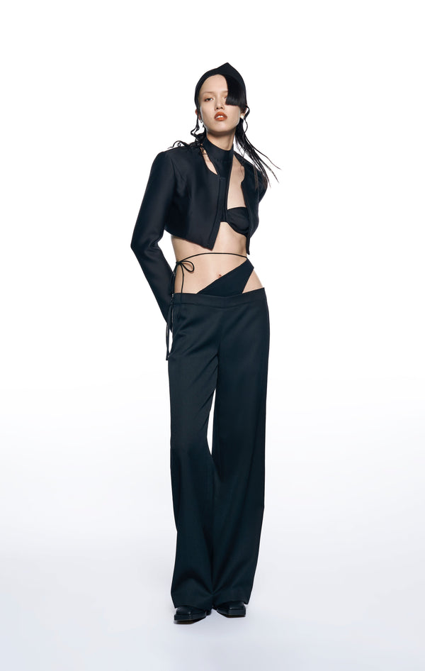 BLACK WOOL DECONSTRUCTED STRAIGHT-LEG TROUSERS